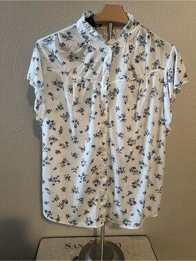 Eden & Olivia Women's Blue Floral Button Down Blouse Shirt Large